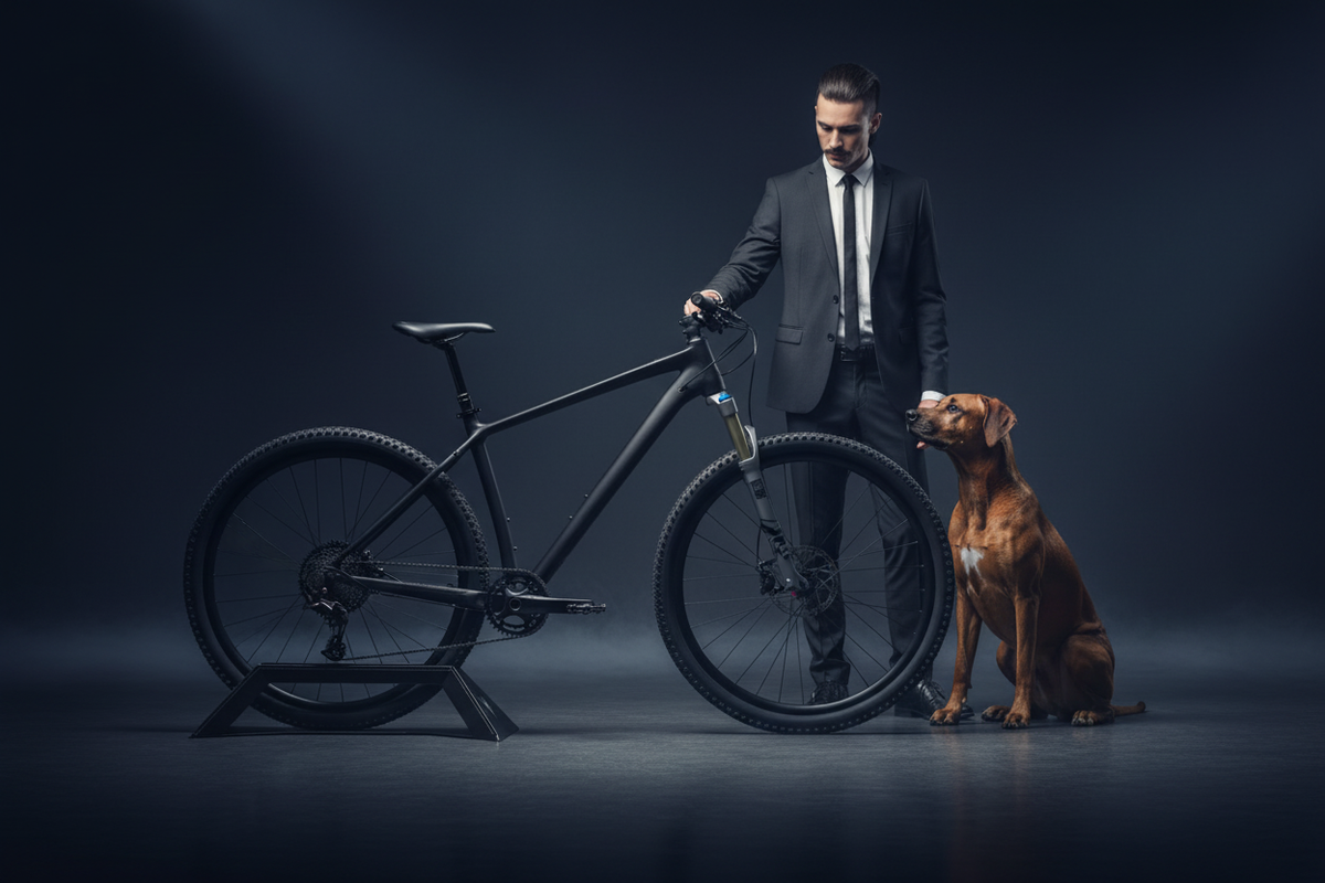 Man in a suit with a bicycle and a dog on a dark background