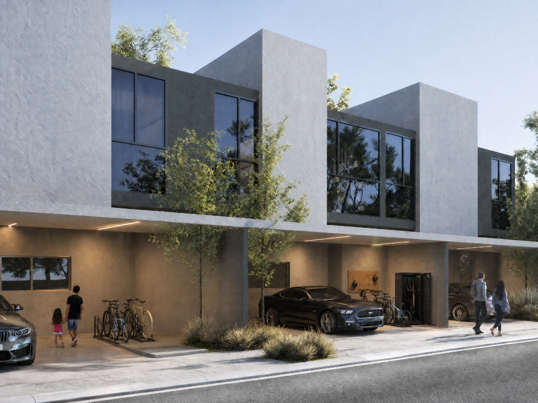 Modern two-story residential building exterior with concrete-look walls, large dark windows, covered parking areas, bicycles, a black car, and small pedestrians in a landscaped street setting.