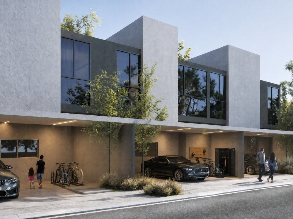 Modern two-story residential building exterior with concrete-look walls, large dark windows, covered parking areas, bicycles, a black car, and small pedestrians in a landscaped street setting.