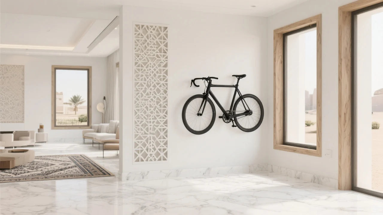 Black bicycle mounted on a wall with a velohawk wall rack in a modern living room with large windows.